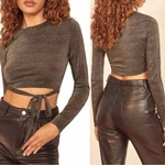 Reformation Jupiter Top Black Sparkle Long Sleeve Crop Tie Front Size Medium. Fixed Price $35.00.